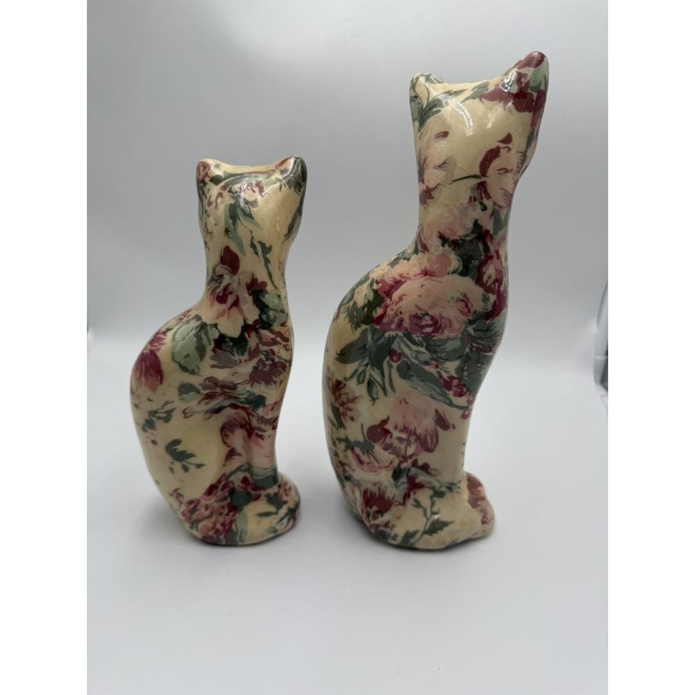 Vintage Floral Decoupage cat Figurines pair size 11 & 9 Cottagecore decor - Picture 4 of 6